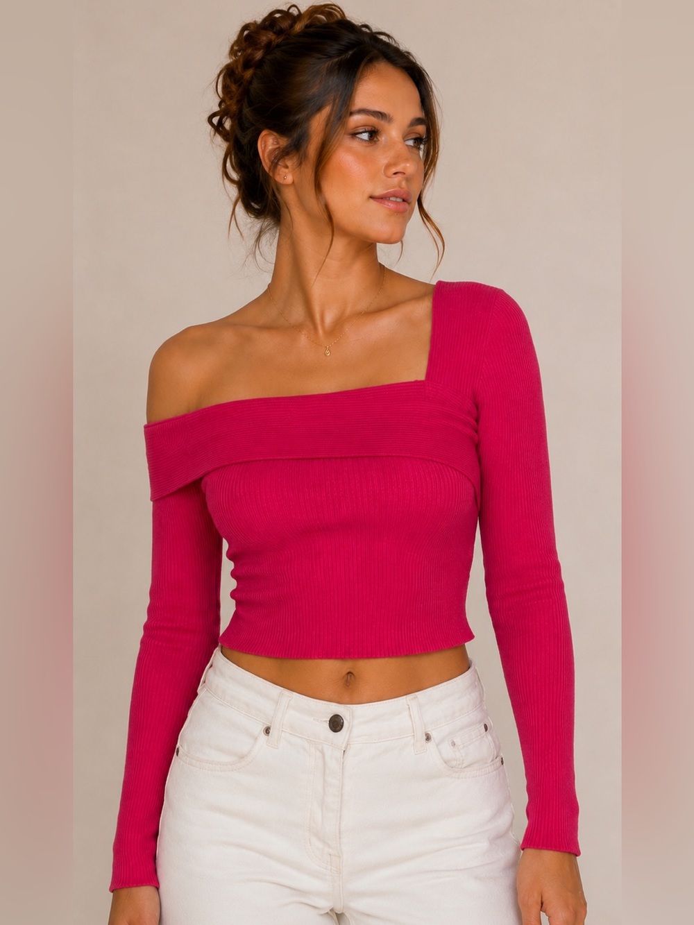Willow & Wind Hot Pink Ribbed Asymmetrical Off Shoulder Crop Top Stretch Knit M